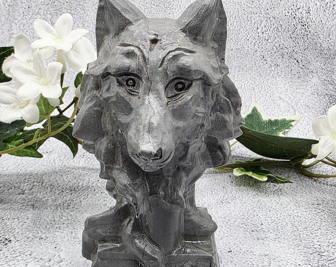 Picture Jasper Wolf Bust Sculpture, 5.5 Inch Hand Carved Stone Statue