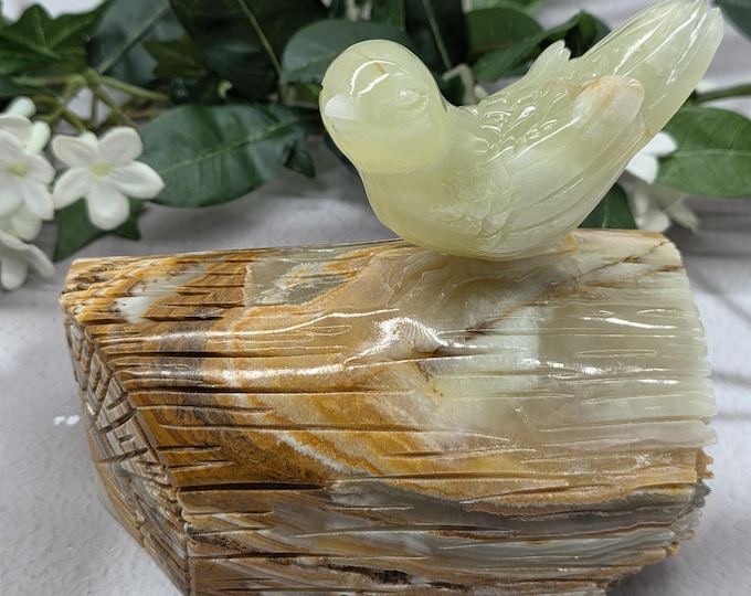 Hand Carved Afghan Jade Serpentine Bird on Log Decor, 4lb Stone Carving