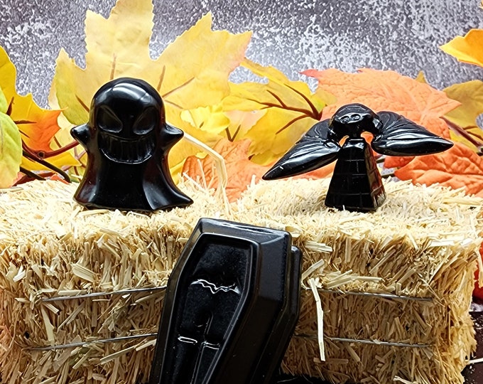 Black Obsidian Halloween Figurines: Coffin, Ghost, Bat Gemstone Set