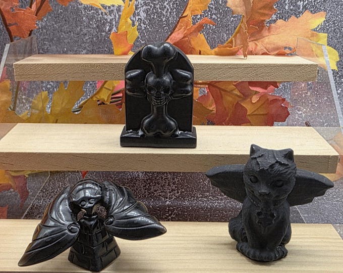 Black Obsidian Halloween Set: Witch Cat, Bat, Tombstone - Gothic Decor