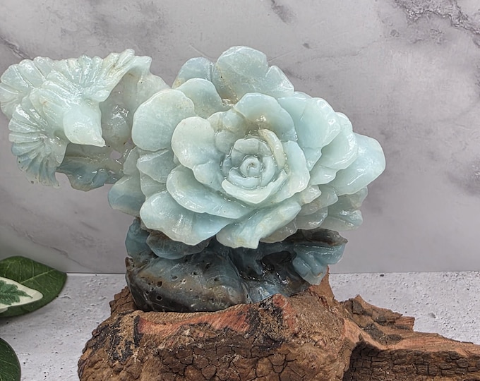Caribbean Calcite Bird Flower Carving With Natural Wood Root Stand, Blue Calcite Crystal Display