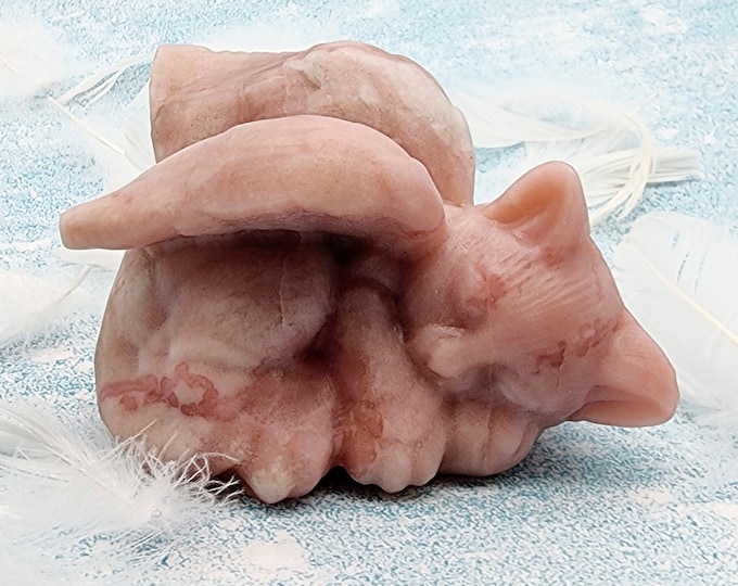 Pink Opal Winged Angel Cat: Gemstone Pet Memorial Carving