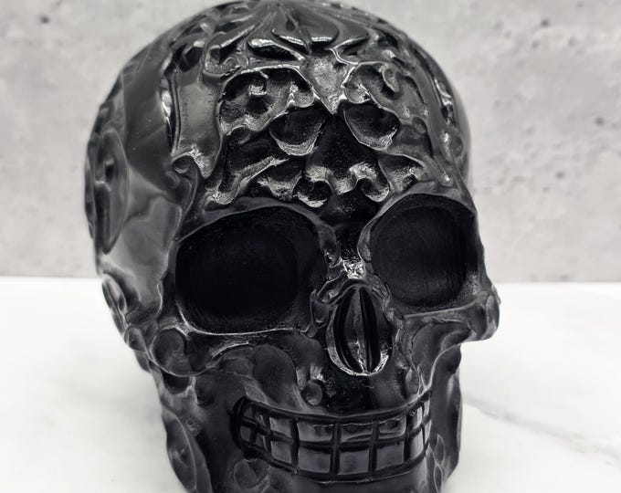 Hand Carved Black Obsidian Skull | Floral Baroque Scrollwork Gothic Decor