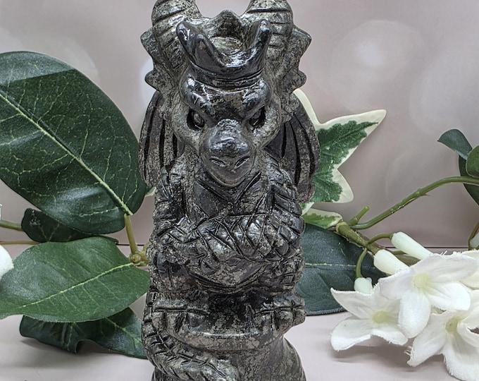 Hand-Carved Pyrite Dragon Figurine: Winged Fantasy Gothic Decor (4.5 Inch)