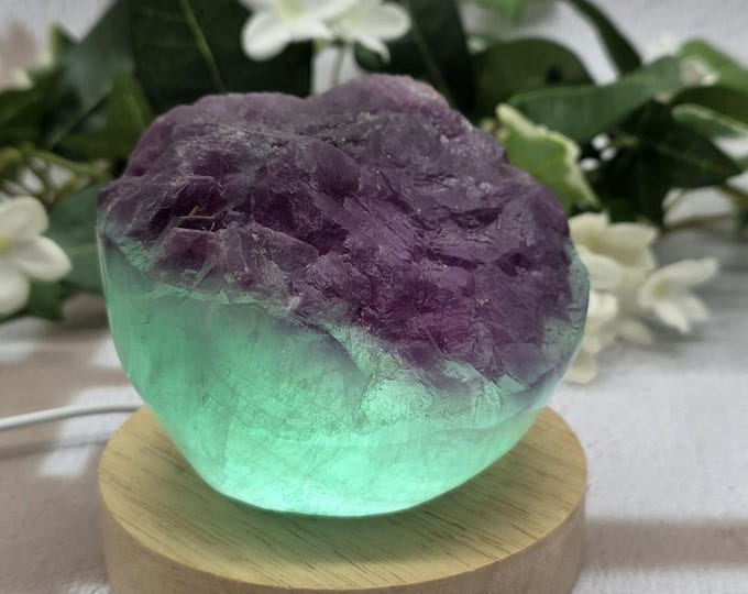 Natural Fluorite Cupcake Display, Purple Aqua Crystal Freeform with USB Light Stand