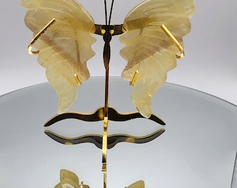 Hand Carved Yellow Fluorite Butterfly Wings with Stand