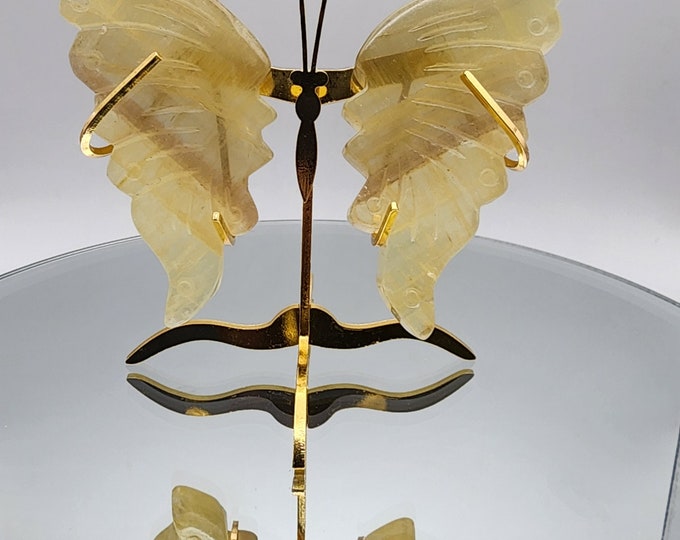 Hand Carved Yellow Fluorite Butterfly Wings with Stand