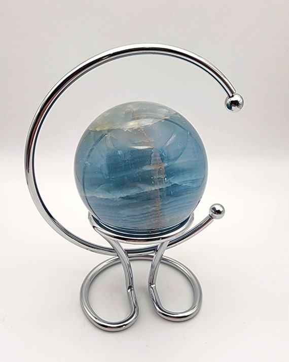 Blue Onyx Sphere, With Crescent Moon Metal Stand Unique Gift