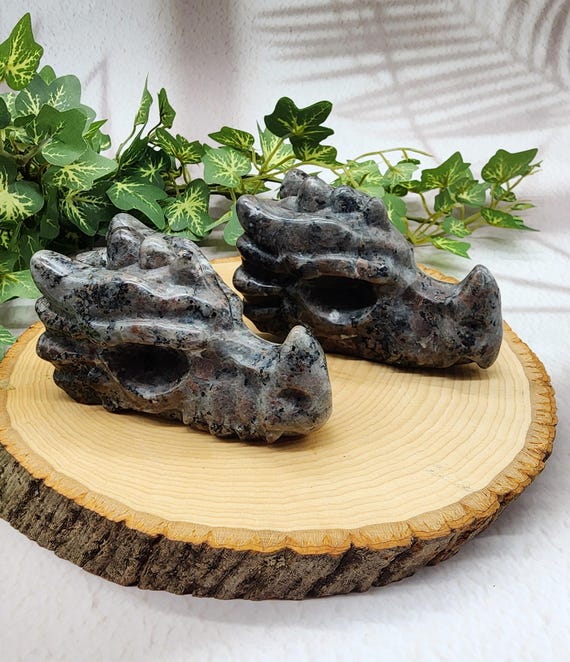 Yooperlite Set Of 2 Hand-Carved Dragon Skull, Natural Gemstone, Crystal Energy, Crystal Dragon Skull, Protection Energy, Collectors Item.