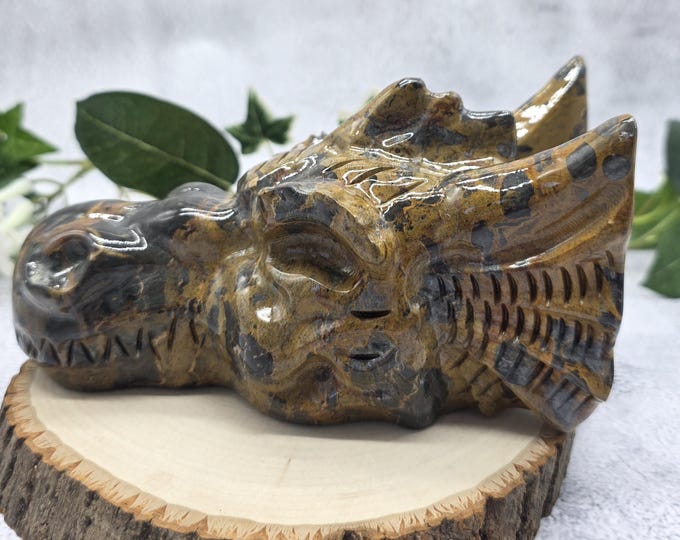Hand Carved Mountain Jasper Dragon Head | Fantasy Stone Sculpture (6.5" Long)