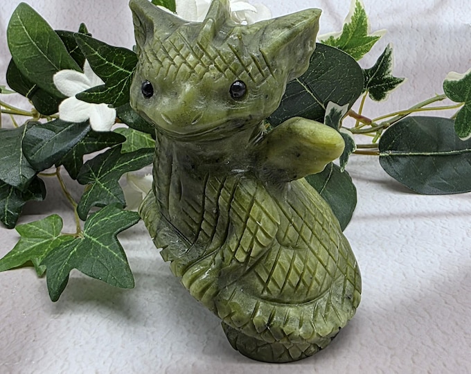 Xiuyan Jade Adorable Baby Dragon Figurine, Hand Carved, Good Luck Gemstone, Natural Gemstone, Unique Gift Giving Idea, Protection Stone