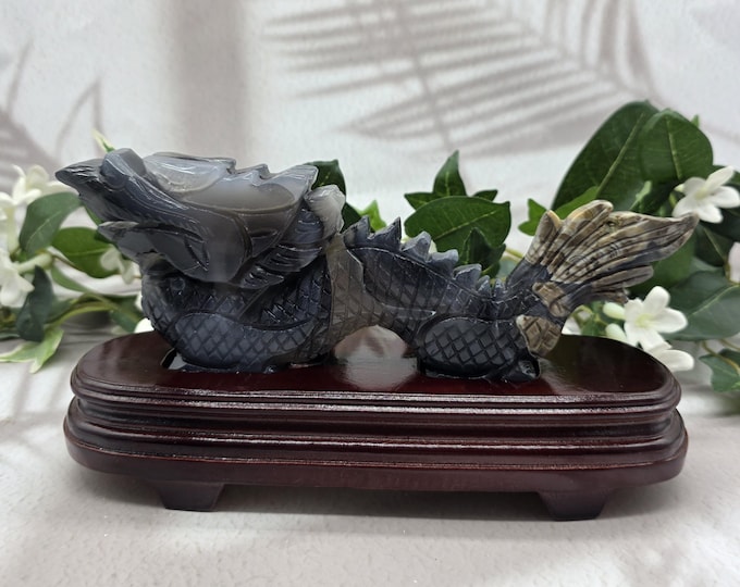 Hand Carved Volcano Agate Dragon, Light UV Reactive Gemstone, Wood Stand Display