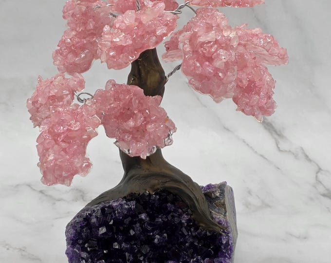 XL Amethyst Cluster Tree Sculpture With Rose Quartz Leaves | Handmade Crystal Bonsai Décor | 15 Leaf
