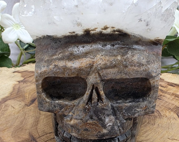Clear Quartz Cluster Skull Carving, Natural Stone Matrix Gothic Decor, Crystal Point Display