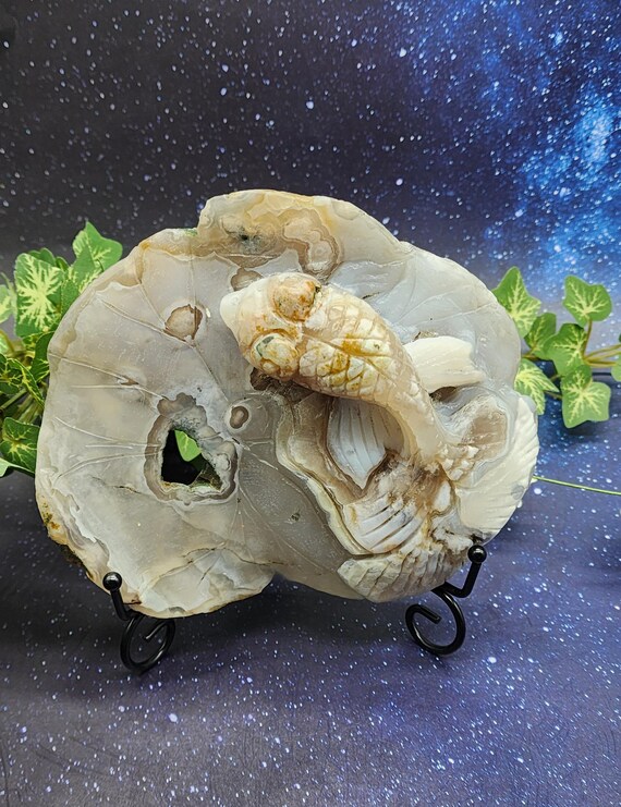 Flower Agate Lily Pad And Koi Fish Carving, Crystal Art on Stand, Unique Handcrafted Stone Decor Metaphysical Healing Gift, Pond Art