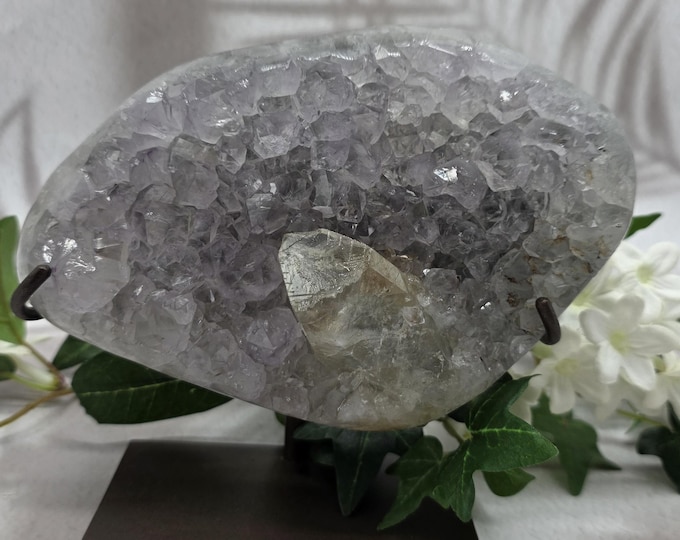 Large Uruguay Amethyst Geode Cluster with UV Reactive Calcite  Polished Agate Base on Complimentary Metal Stand, Crystal Home Décor Gift