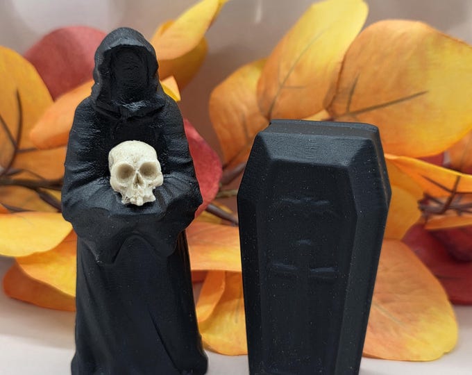 Black Obsidian Grim Reaper & Coffin Set, Gothic Halloween Carving (2-Piece)
