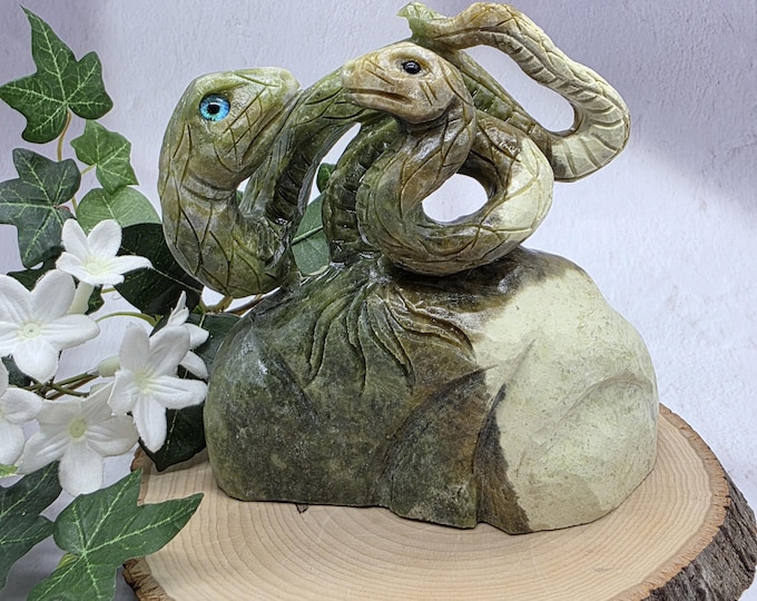 Hand Carved Green Jade Two Snake Sculpture, Serpentine Stone Reptile Decor