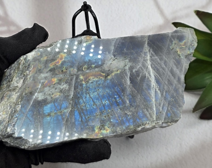 Polished Labradorite Slab with Stand | Double-Sided Flash Crystal, Natural Raw Edge Labradorite Display Stone