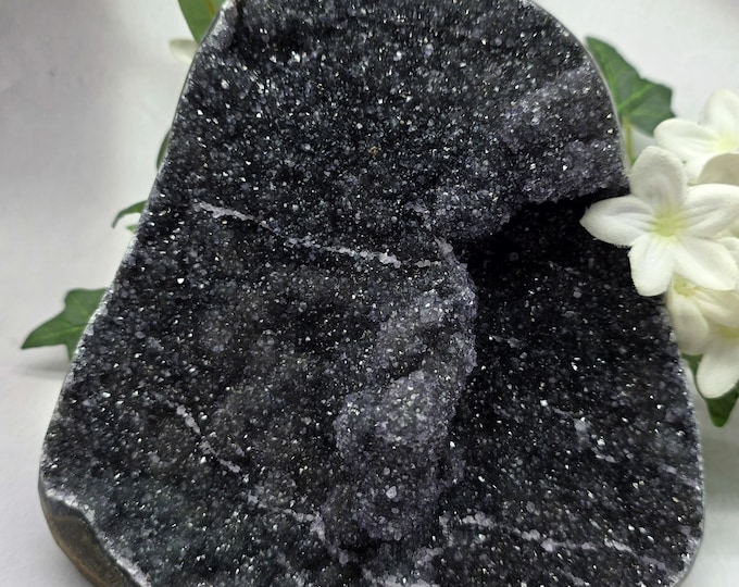 Large Black Amethyst Geode, Uruguay Amethyst Cut Base, Natural Crystal Cluster, Healing Stone, Mineral Specimen Décor,  4 Pounds 13 ounces