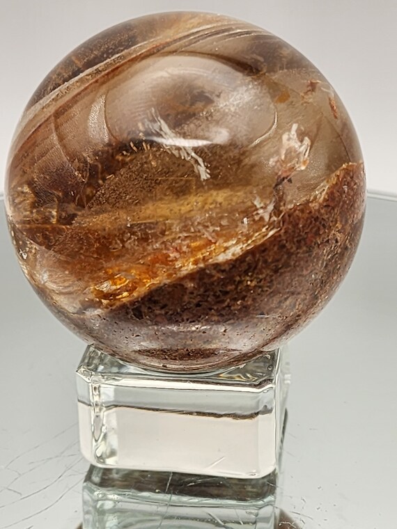 Garden Quartz, Lodolite, Phantom Quartz, Ghost Quartz Sphere With Glass Stand/Base Included, Medium Size.