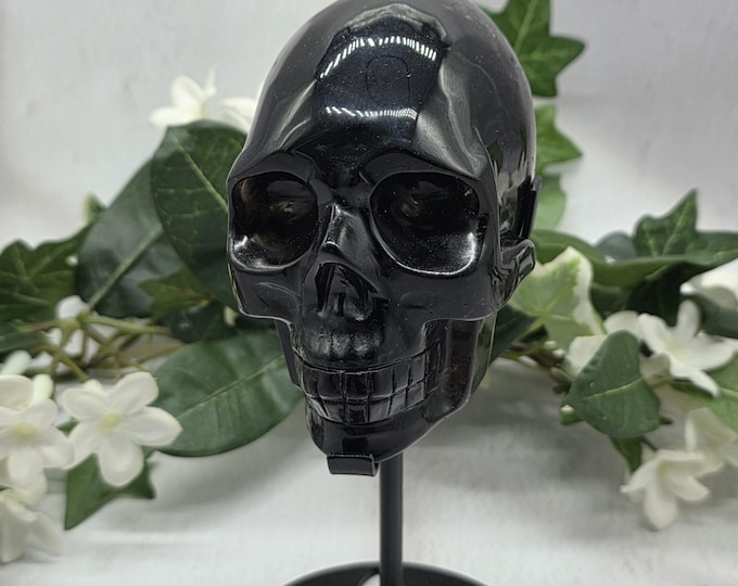 Rustic Dark Smoky Quartz Skull on Metal Stand – Natural Cracks & Matrix