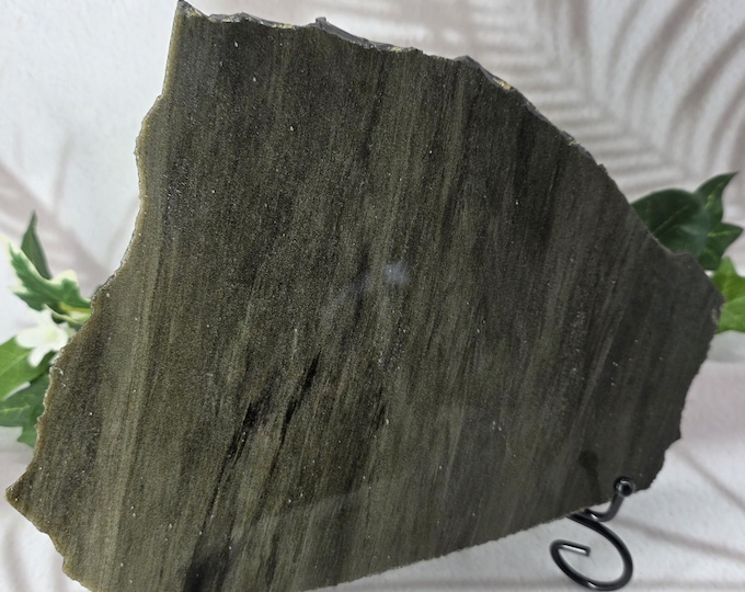 Polished Golden Obsidian Slab on Black Metal Stand | Volcanic Glass Decor