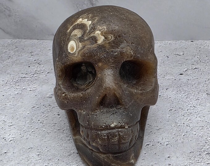 Hand Carved Amber Calcite Skull, Natural Banded Stone Gothic Decor