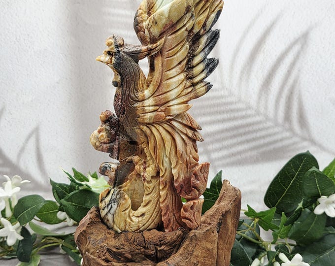 Hand Carved Caribbean Calcite Phoenix Statue, Natural Wood Base, Fantasy Rebirth Decor