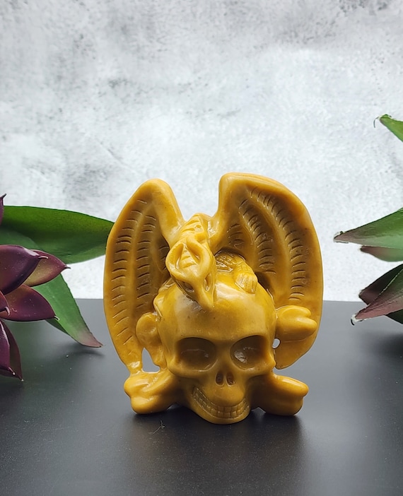 Yellow Jade Crystal Skull With Dragon, Skull And Crossbones, Gothic Elegance, Halloween Decoration, Yellow Skull, Yellow Jade Dragon Gift