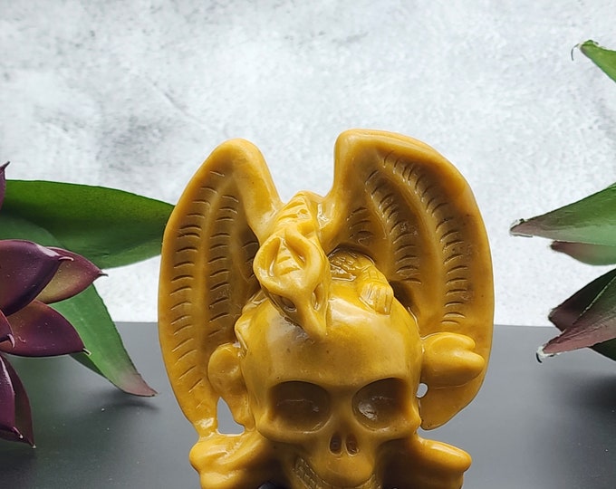 Yellow Jade Skull with Dragon & Crossbones - Gothic Halloween Decor