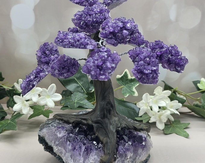 Uruguay Amethyst Geode Bonsai Tree | Natural Purple Crystal Leaves, Sculpted Trunk