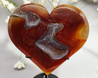 XL Druzy Carnelian Heart: Hand-Carved Crystal with Metal Stand