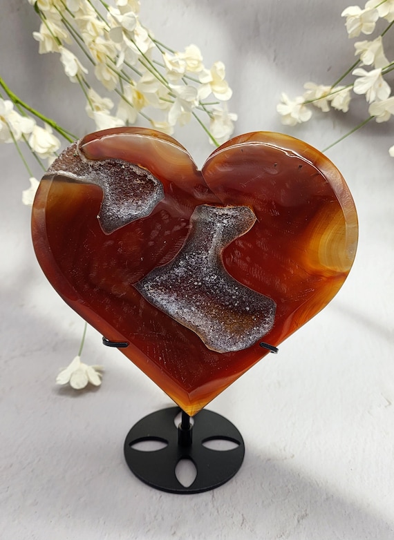 XL Druzy Carnelian Hand-Carved Heart With Complementary Metal Stand, Crystal Heart, Collectors Gift Idea