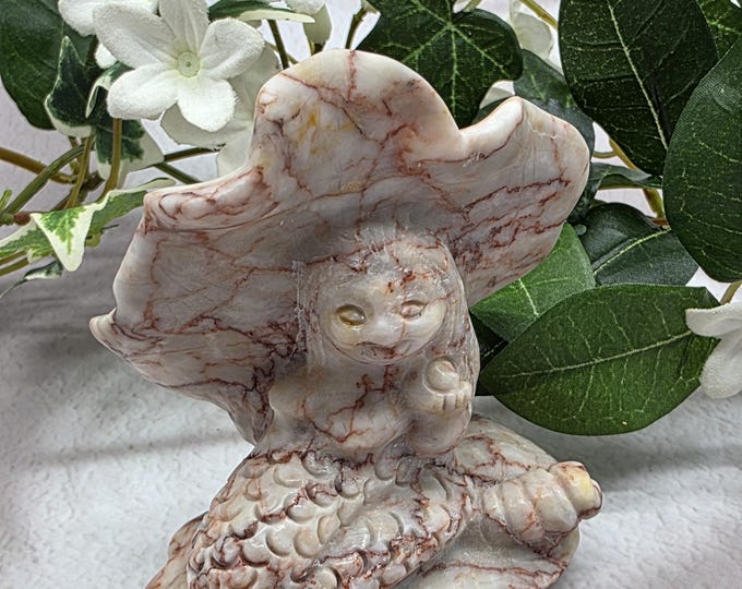 Red Web Jasper Mermaid Figurine, Hand-Carved Jasper Mermaid Under Seashell, Ocean Spirit Crystal Sculpture, Strength And Intuition