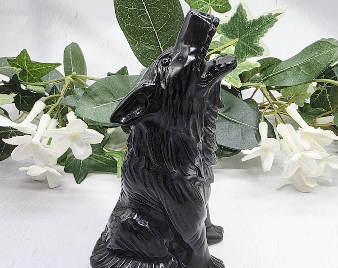 Hand Carved Black Obsidian Howling Wolf Figurine | Protection Grounding Crystal Decor