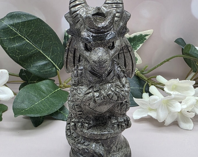 Hand-Carved Pyrite Dragon Figurine: Winged Fantasy Gothic Decor (4.5 Inch)