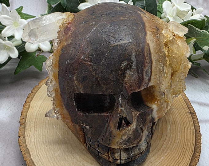 Clear Quartz Cluster Skull, Iron Stained Crystal Carving, Natural Points Geode Decor