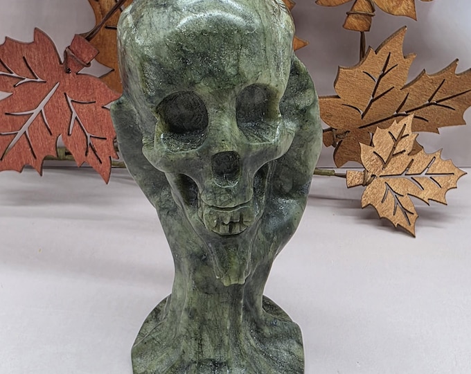 Xiuyan Jade Skull in Claw Carving, Gothic Halloween Stone Figurine