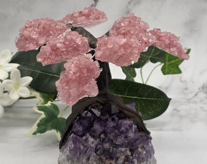 Amethyst Cluster Tree with Rose Quartz Leaves • Crystal Bonsai Tree • Love & Healing Décor • Handcrafted Gemstone Art • Unique Gift