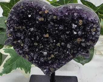 Dark Druzy Amethyst & Agate Crystal Heart on Stand | Natural Gemstone Decor | One of a Kind Crystal Gift