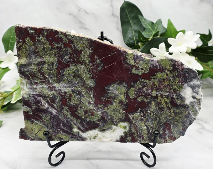 Dragon Blood Jasper Slab on Stand 3.2 lb | Large Red Green Landscape Stone | Polished Display Specimen | Statement Crystal Decor
