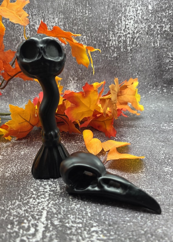 Black Obsidian Pumpkin Witch Broom And Raven Skull Set Halloween Decor, Gothic Altar Tools • Spooky Spiritual Gift, Witchy Decor