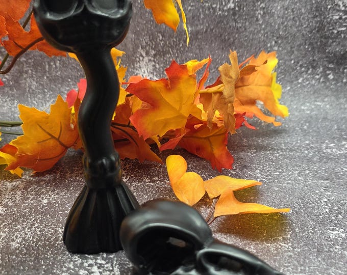 Black Obsidian Halloween Decor Set: Pumpkin Broom & Raven Skull