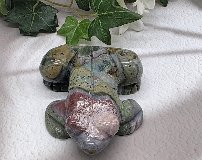 Ocean Jasper Frog Carving • Hand-Carved Spirit Animal with Surprise Crystal Cave