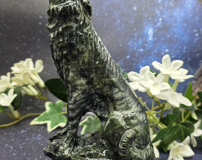 Xiuyan Jade Howling Wolf Carving • Hand Carved Jade Wolf Statue • Natural Jade Animal Totem • Wolf Spirit Guide Decor