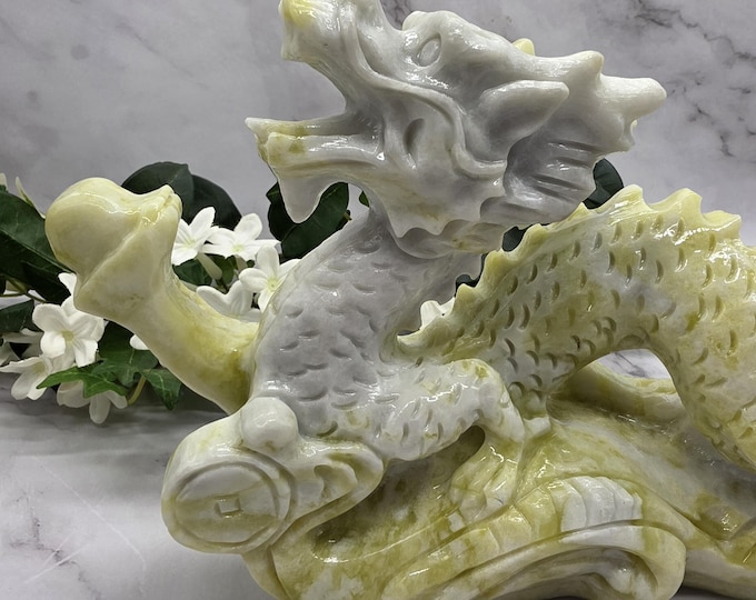 XL Serpentine Dragon Carving with Pearl • New Jade Xiuyan Jade Dragon Statue • Feng Shui Prosperity Dragon Sculpture • Large Crystal Dragon