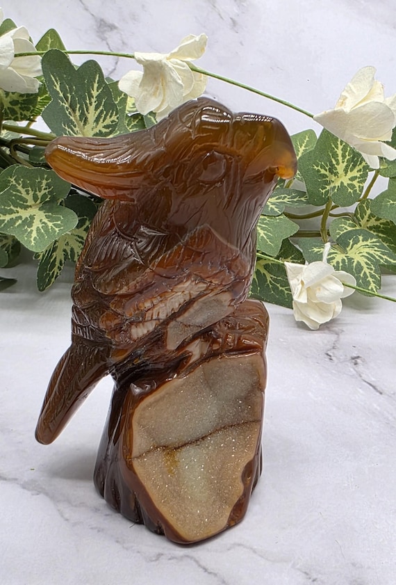 Carnelian Druzy Agate Hand Carved Parrot Cockatoo • Crystal Bird Figurine • Agate Animal Totem • Metaphysical Home Decor • Unique Crystal Gi