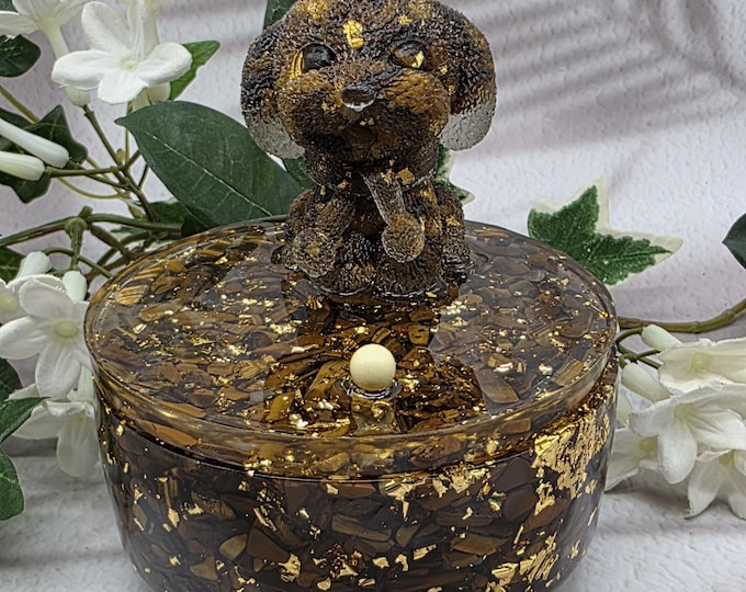 Tiger Eye Crystal Chip Resin Box with Gold Flakes – Puppy Lid Keepsake Dish – Spiritual Storage Box