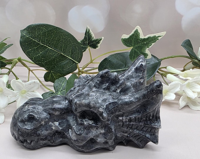 Hand Carved Larvikite Dragon Head | Gothic Fantasy Stone Sculpture (4.25" L)